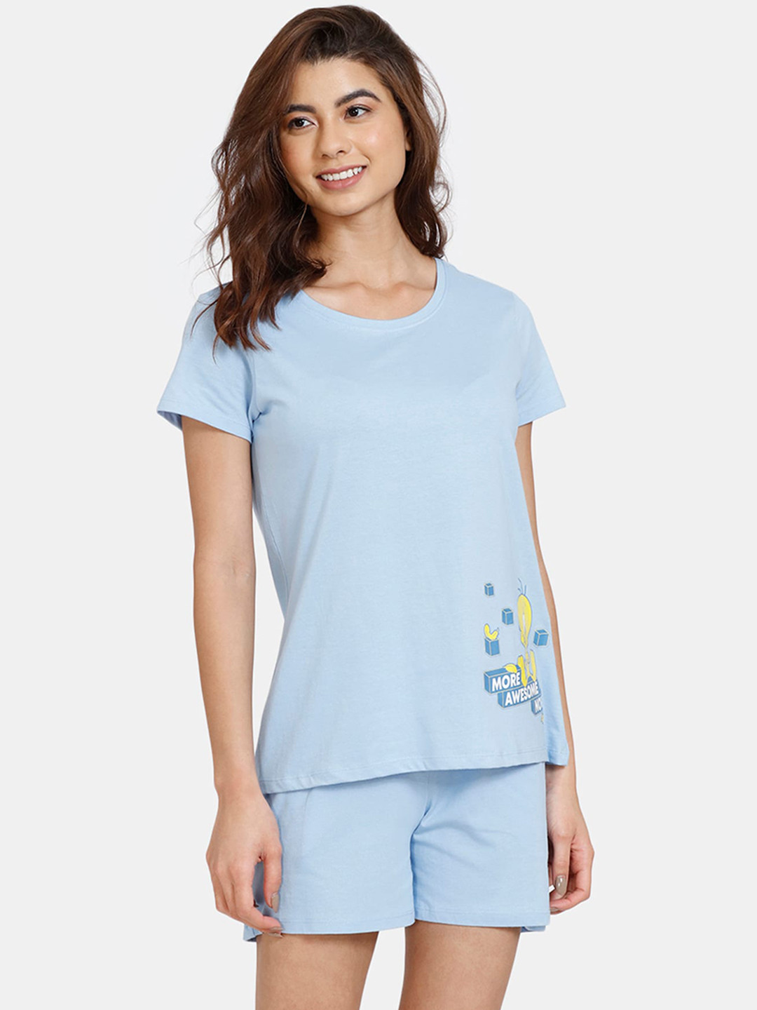 

Zivame Women Blue & Yellow Printed Cotton Night Suit