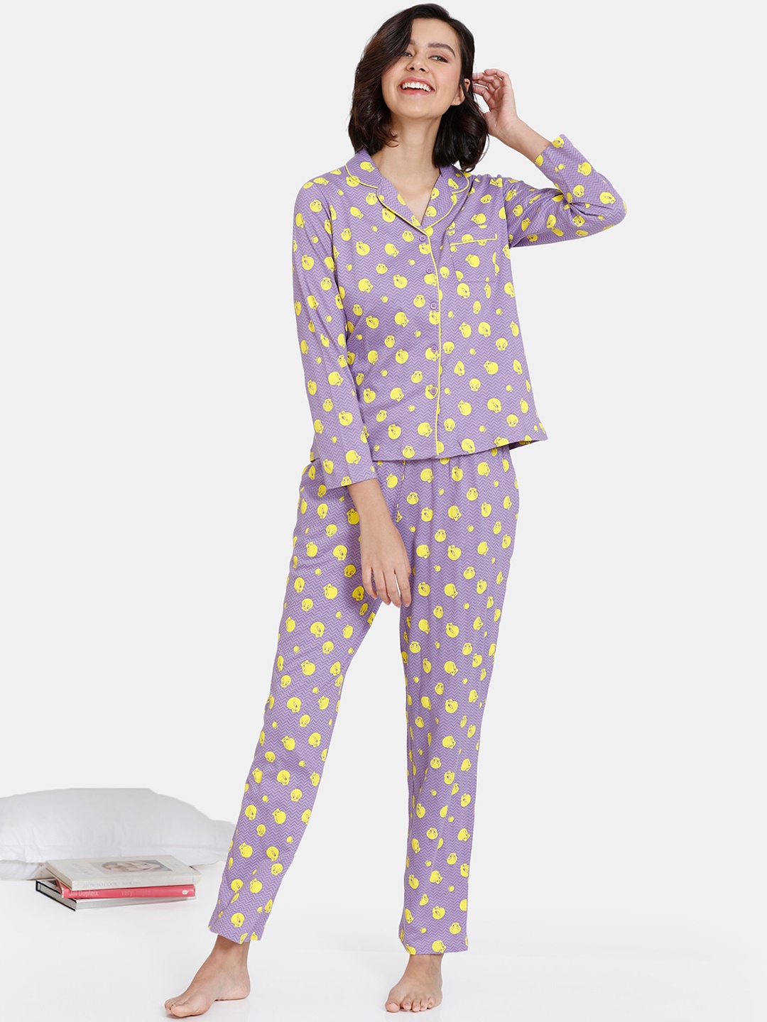 

Zivame Women Purple & Yellow Cartoon Characters Printed Cotton Night Suit