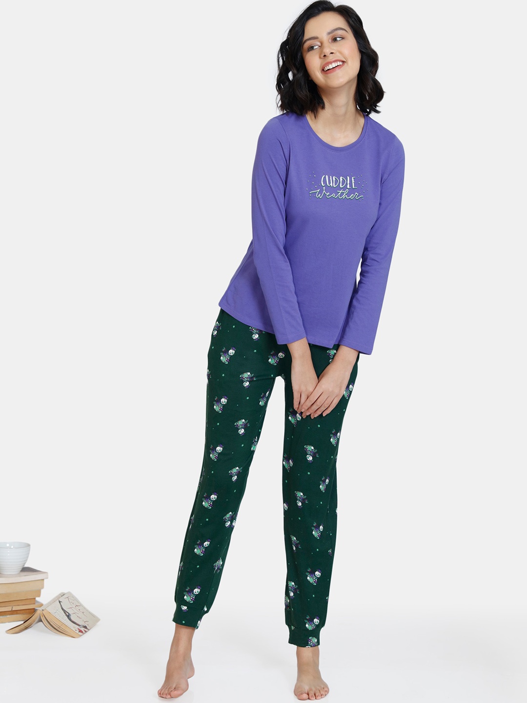 

Zivame Women Green & Purple Cartoon Characters Printed Night suit