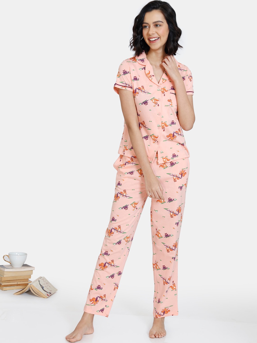 

Zivame Women Pink & Brown Printed Pure Cotton Night suit
