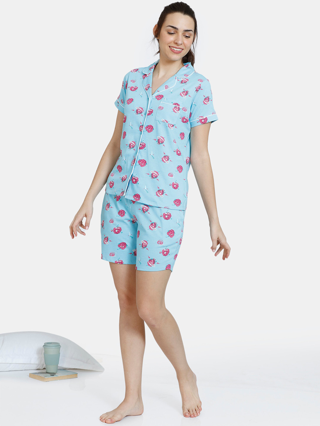 

Zivame Women Blue & Pink Printed Cotton Night Suit