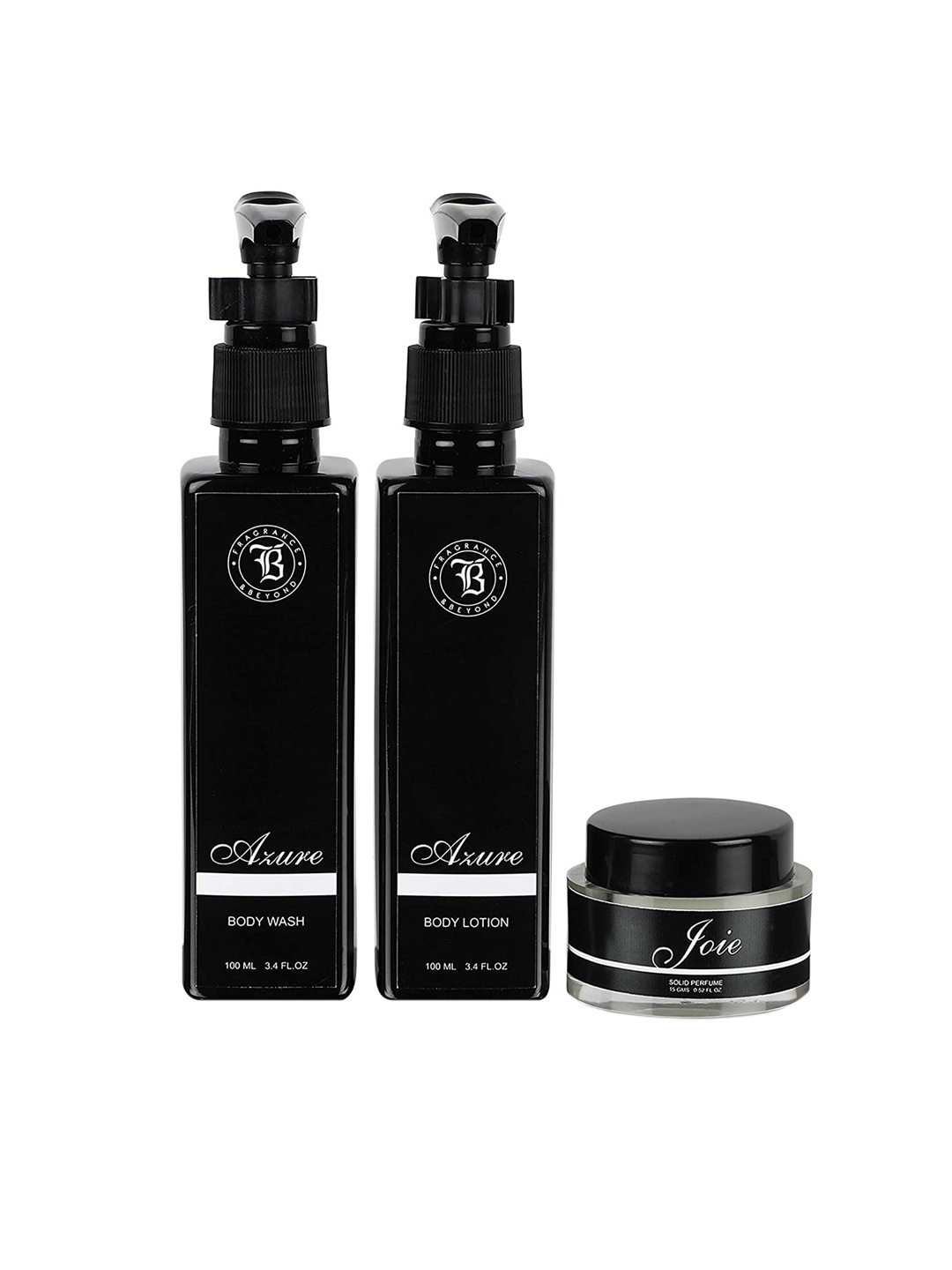 

Fragrance & Beyond Set of Azure Body Wash & Lotion with Joie Solid Perfume, Black