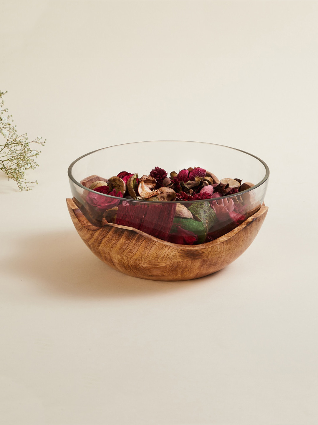 

Home Centre Brown Wooden Base Clear Decorative Bowl
