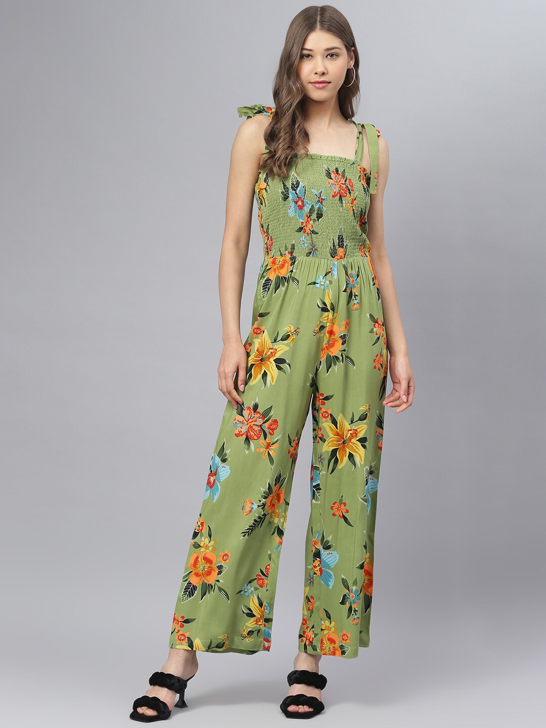 

DEEBACO Green & Yellow Printed Smocking Tie-Up Culotte Jumpsuit