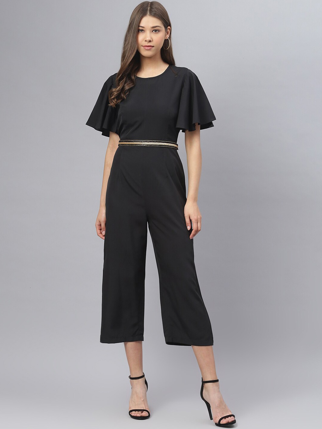 

DEEBACO Women Black & Gold-Toned Solid Basic Jumpsuit