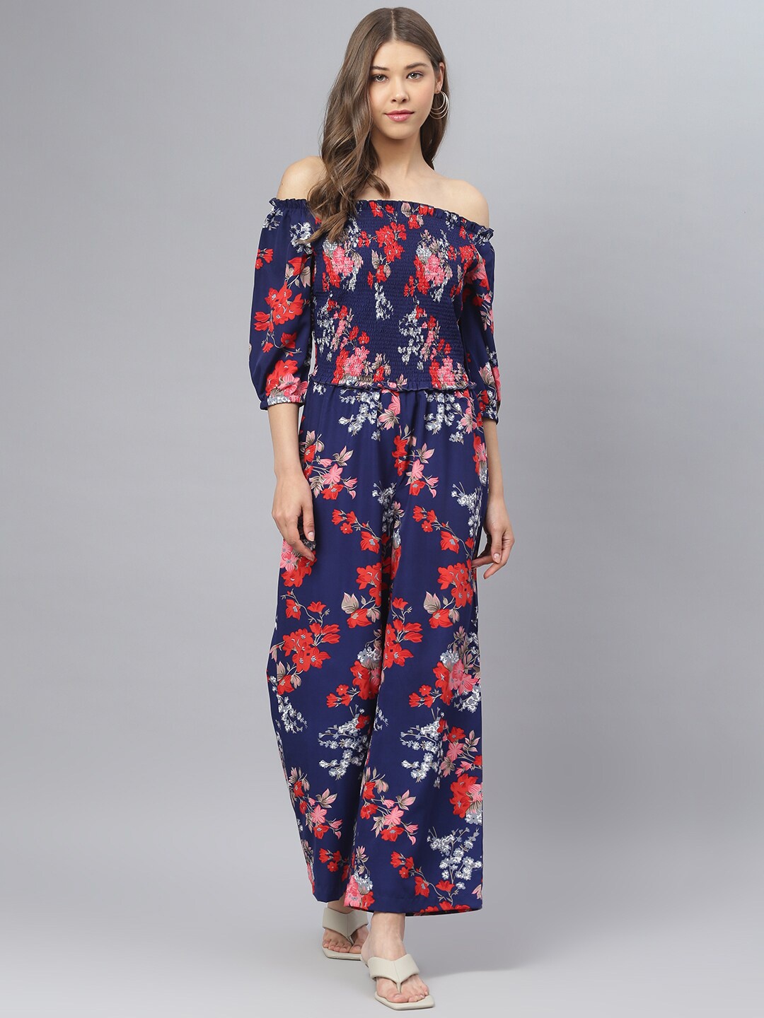 

DEEBACO Navy Blue & Red Off-Shoulder Printed Basic Jumpsuit