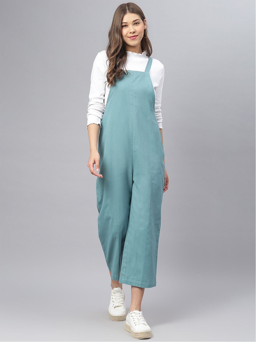 

DEEBACO Women Turquoise Blue Solid Cotton Culotte Jumpsuit
