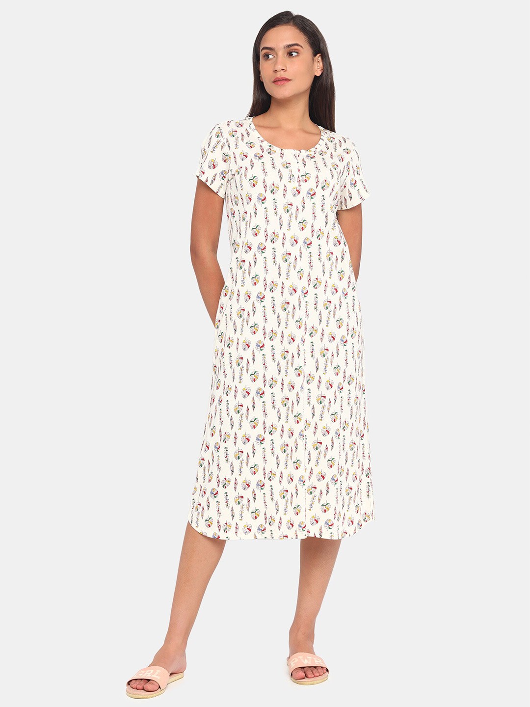 

Zivame White Printed Cotton Nightdress