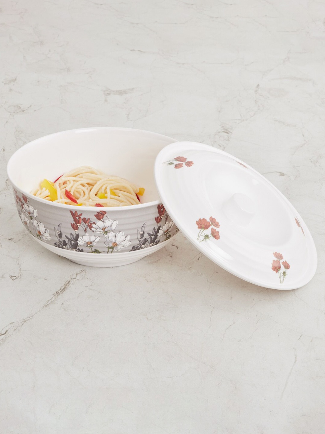 

Home Centre White & Grey 1 Pieces Hand Painted Printed Melamine Glossy Bowl with Lid