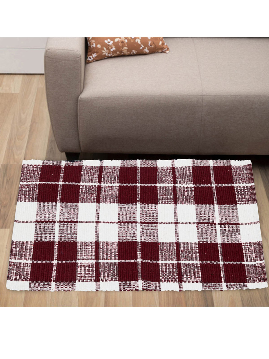 

Home Centre Set of 2 Maroon & White Stripped Woven Cotton Dhurrie, Multi