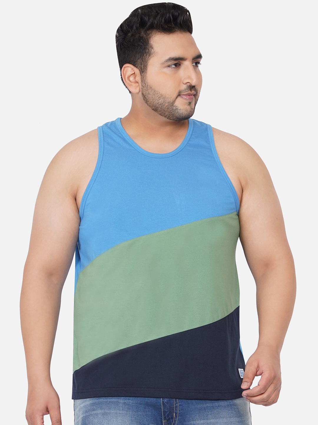 

John Pride Men Plus Size Blue & Green Colourblocked Tank T-shirt