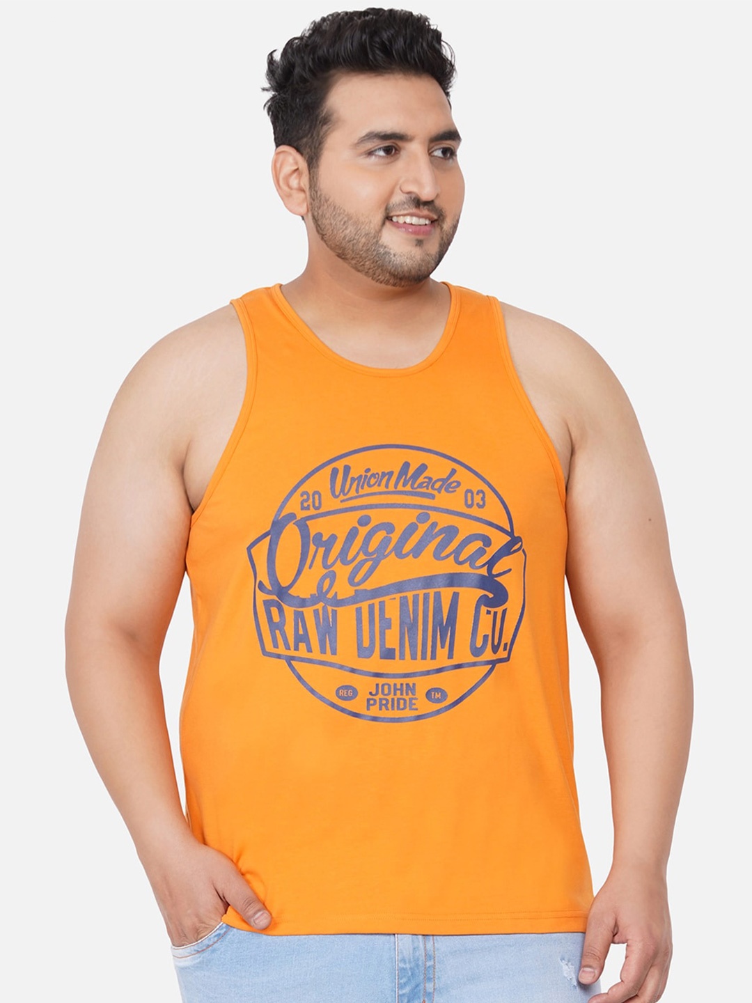 

John Pride Men Plus Size Orange & Blue Typography Printed Cotton T-shirt