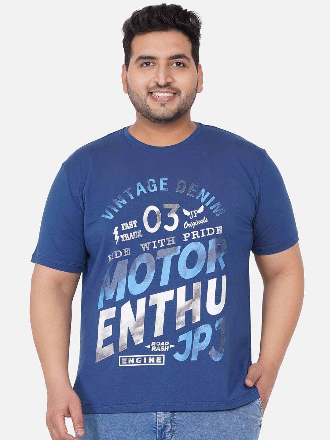 

John Pride Men Plus Size Blue & Off White Typography Printed Cotton T-shirt