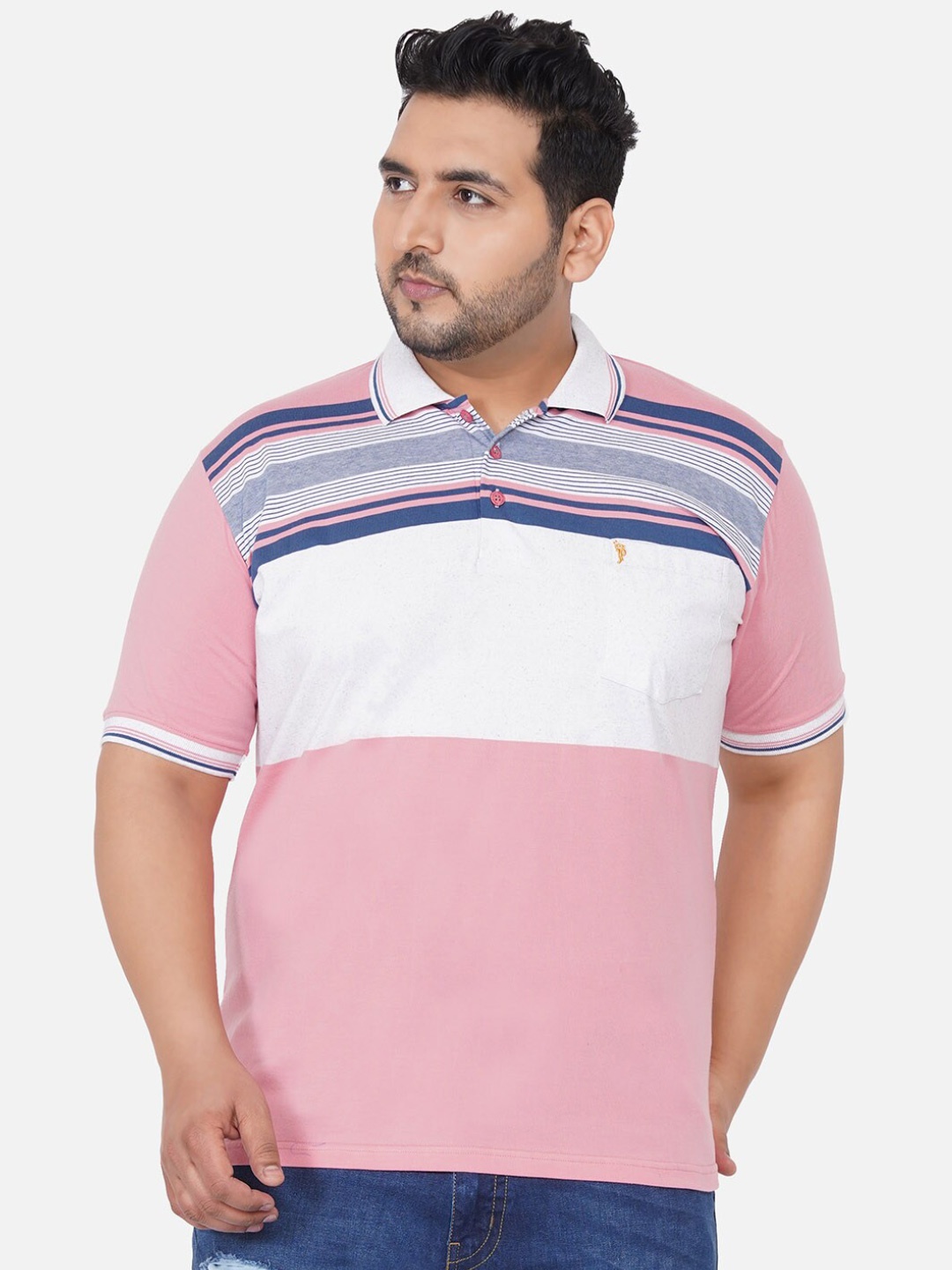 

John Pride Men Plus Size Pink Striped Polo Collar Cotton T-shirt