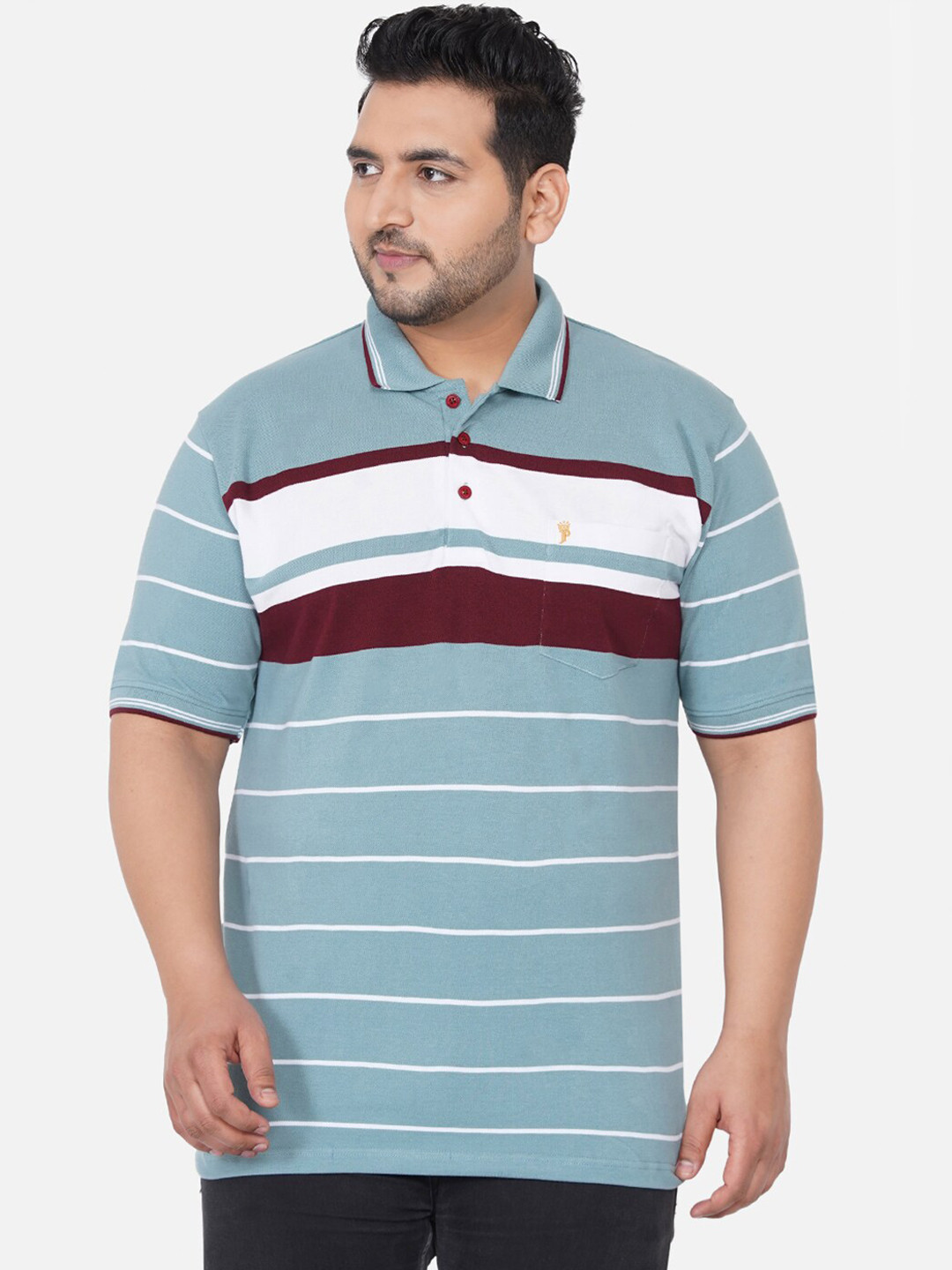 

John Pride Men Plus Size Blue Striped Polo Collar Cotton T-shirt