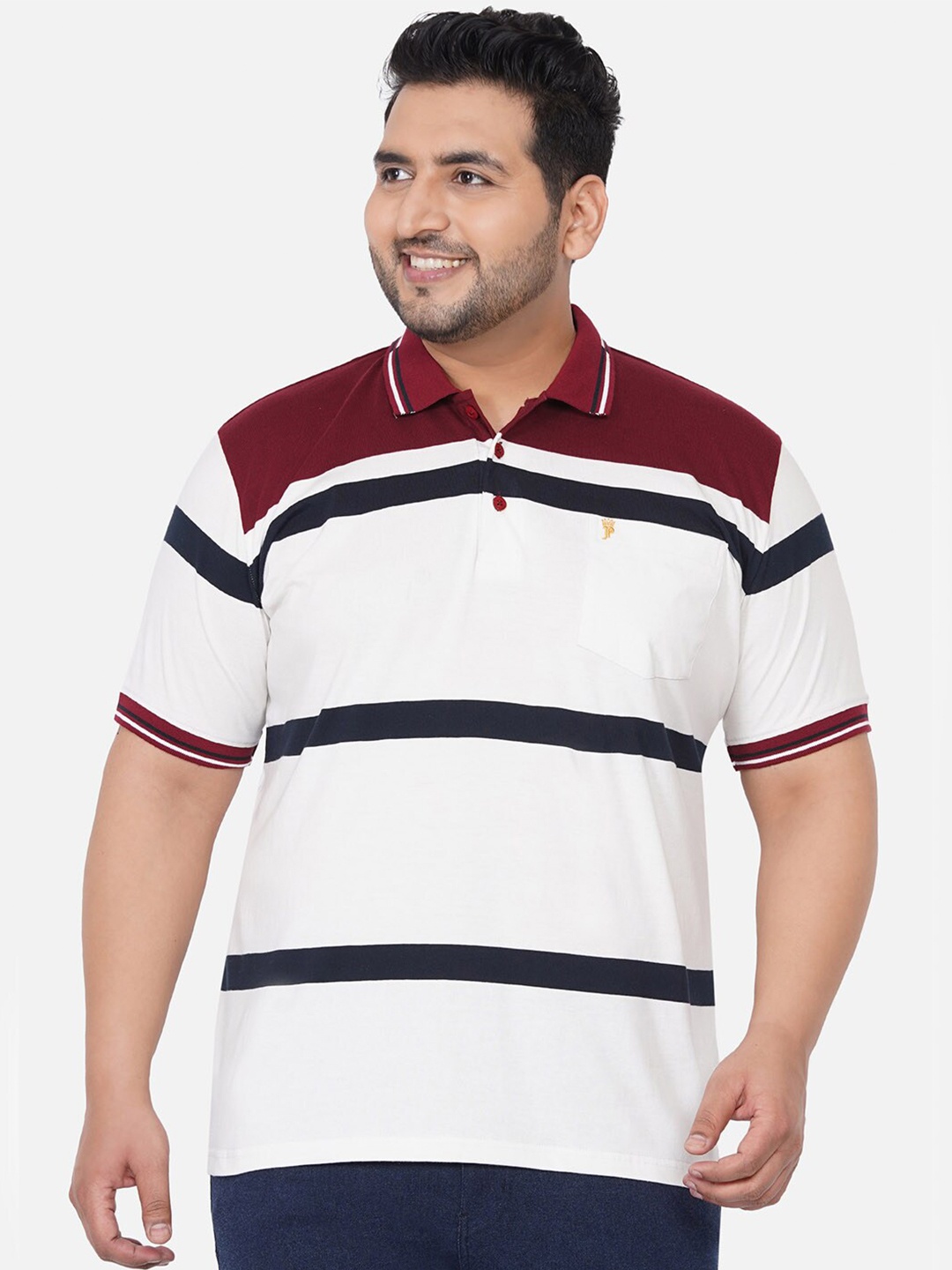 

John Pride Men Plus Size White Striped Polo Collar T-shirt