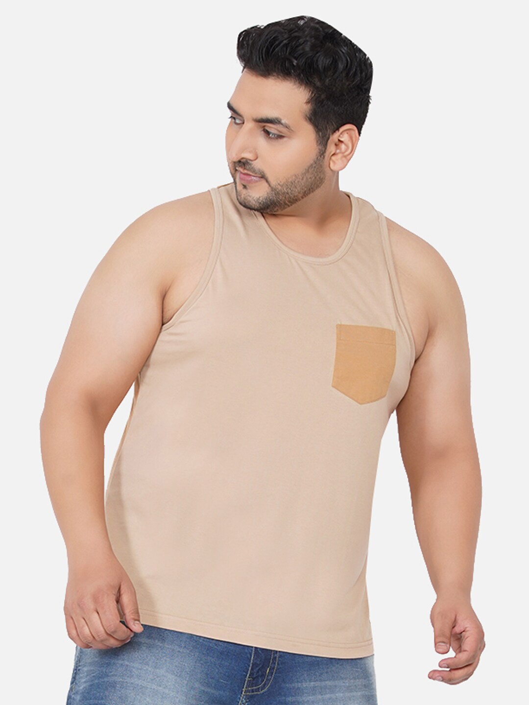 

John Pride Men Plus Size Beige Tank T-shirt