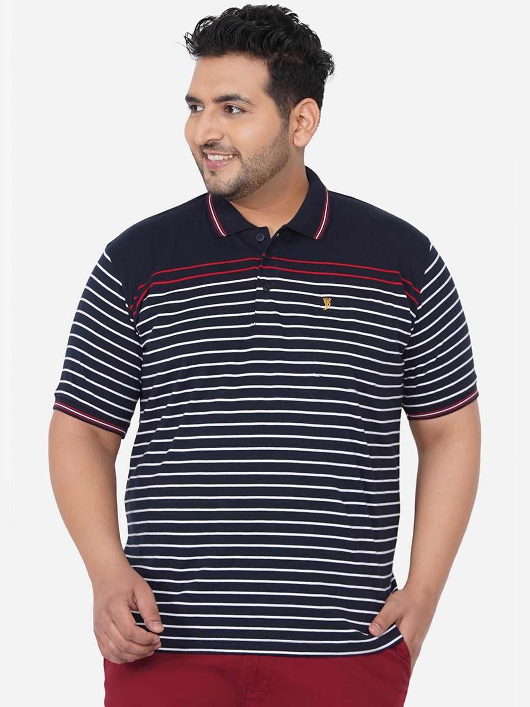 

John Pride Men Plus Size Navy Blue Striped Polo Collar Cotton T-shirt