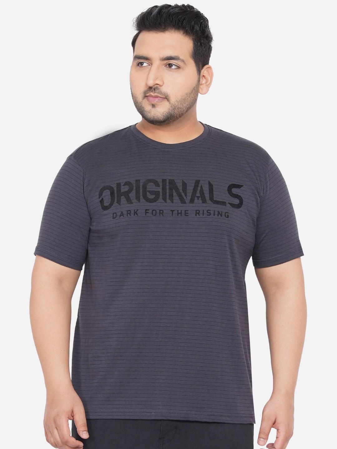 

John Pride Men Plus Size Charcoal & Black Typography Printed Cotton T-shirt