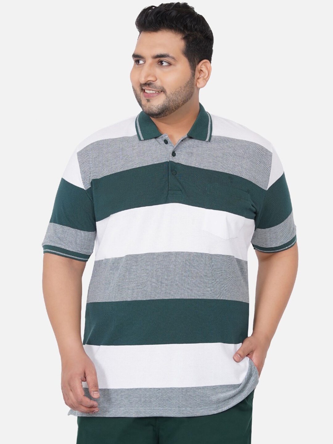 

John Pride Plus Size Men Green Striped Polo Collar Cotton T-shirt