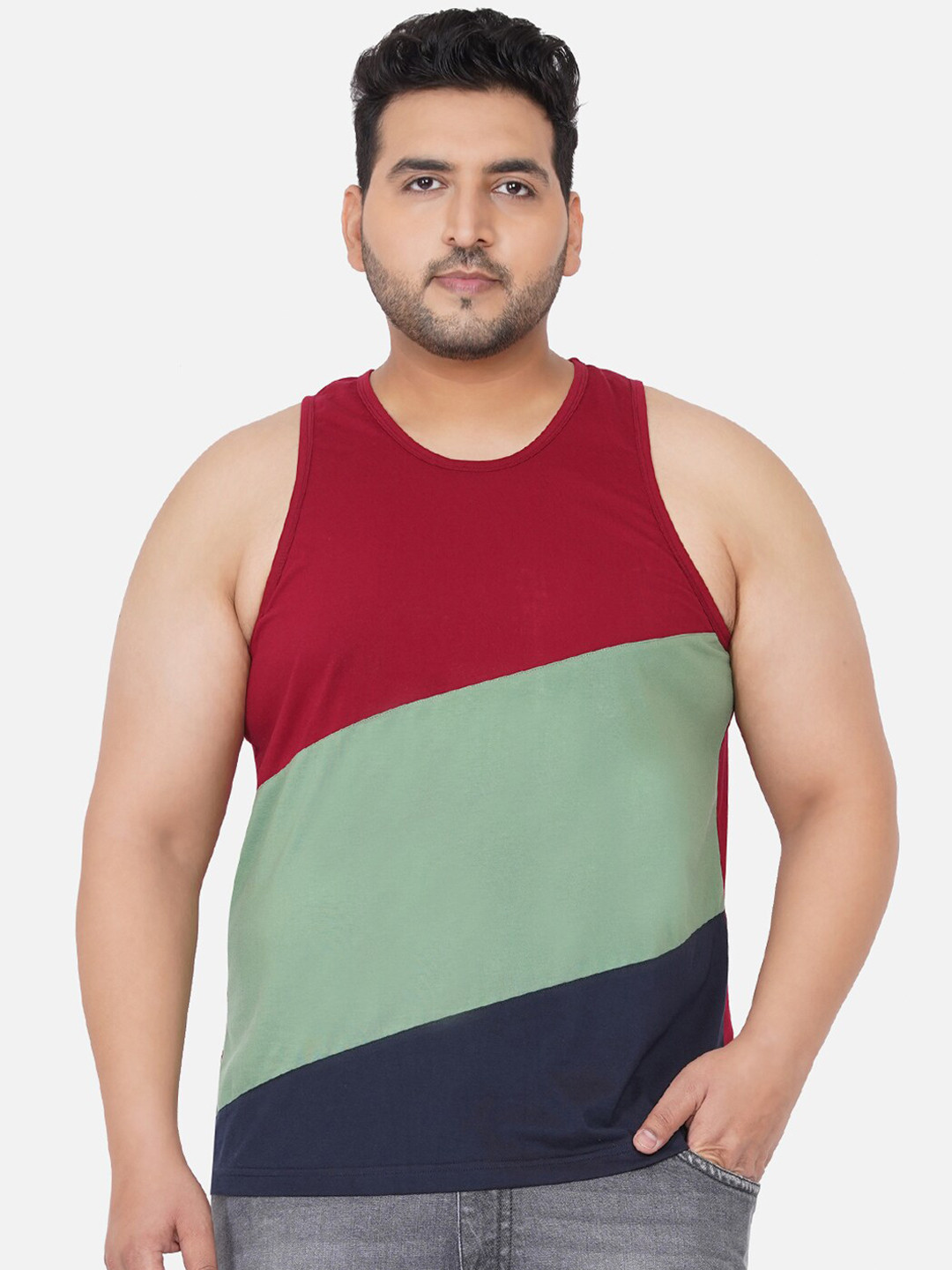 

John Pride Men Plus Size Maroon & Green Colourblocked Tank Cotton T-shirt