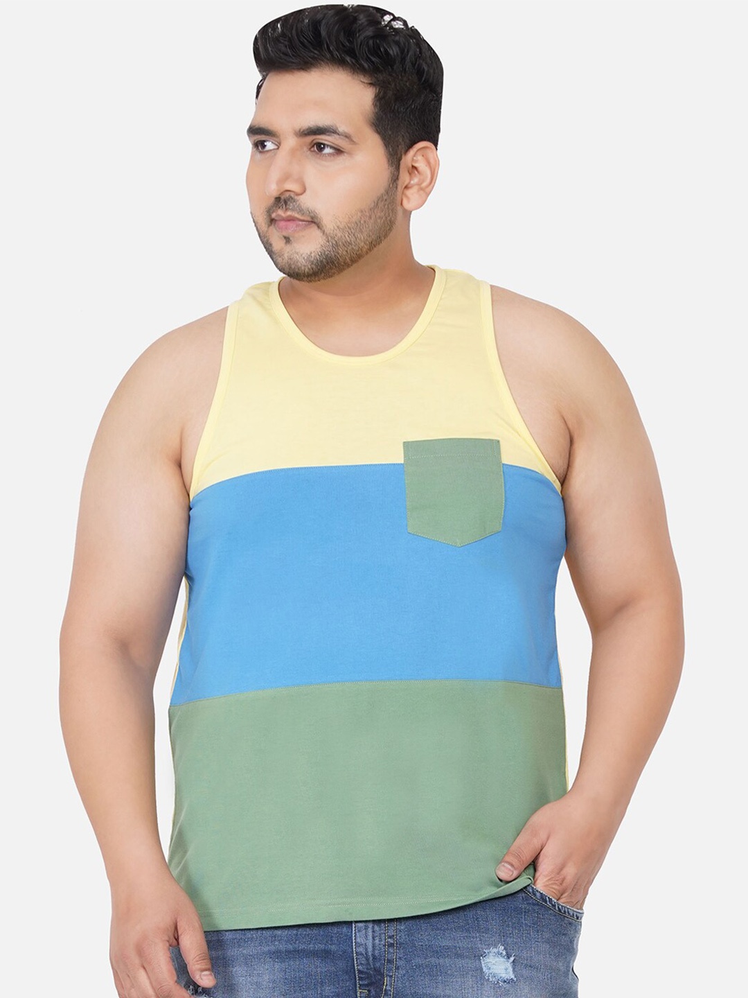 

John Pride Men Plus Size Yellow & Blue Colourblocked Tank Cotton T-shirt