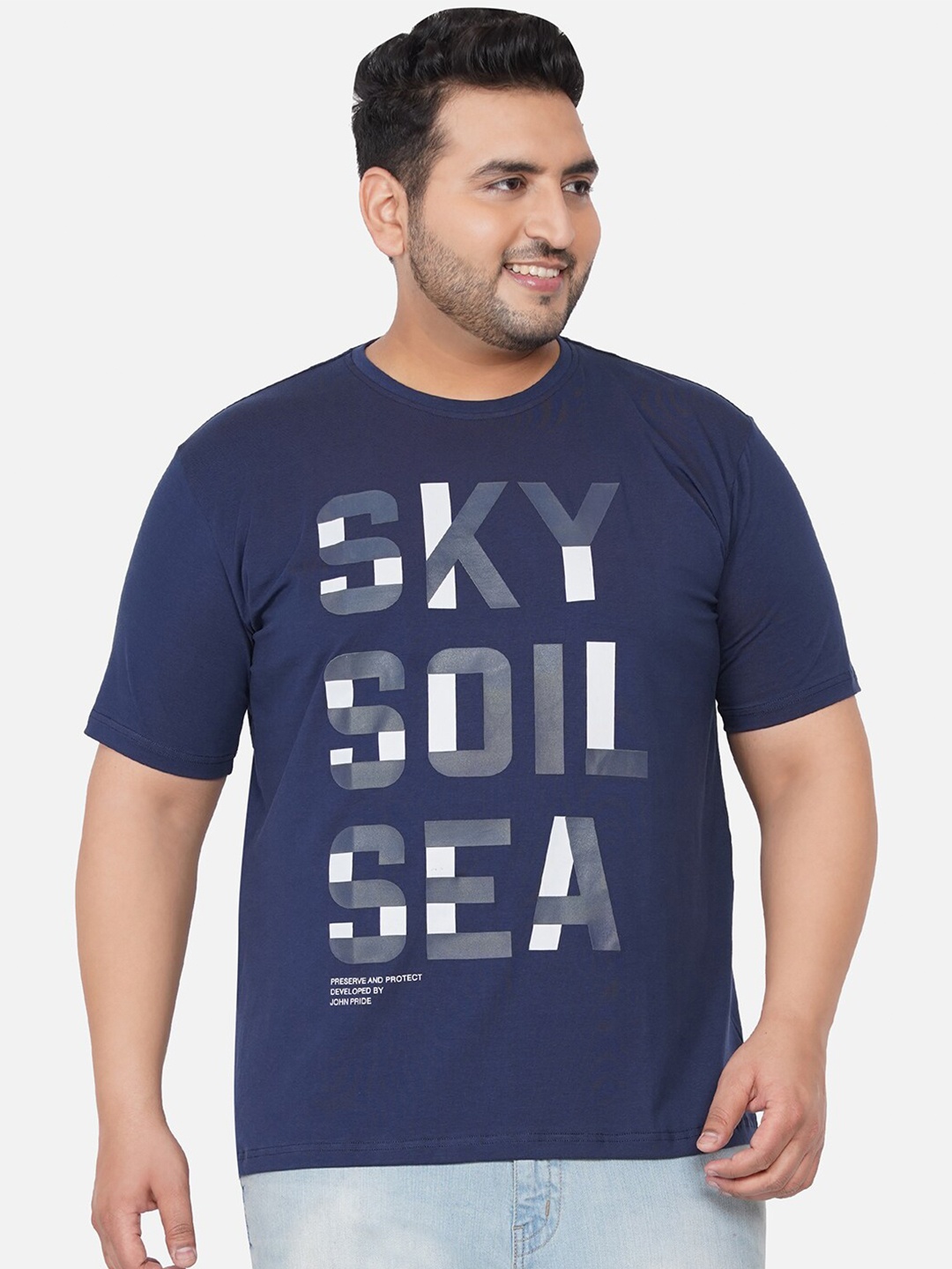 

John Pride Men Plus Size Navy Blue Typography Printed T-shirt