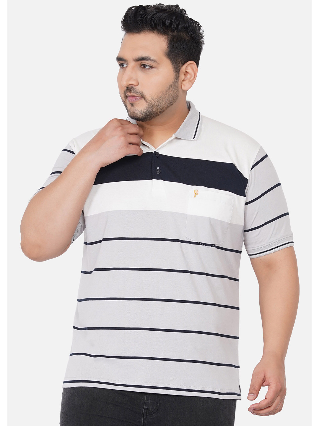 

John Pride Plus Size Men Grey Striped Polo Collar Cotton T-shirt