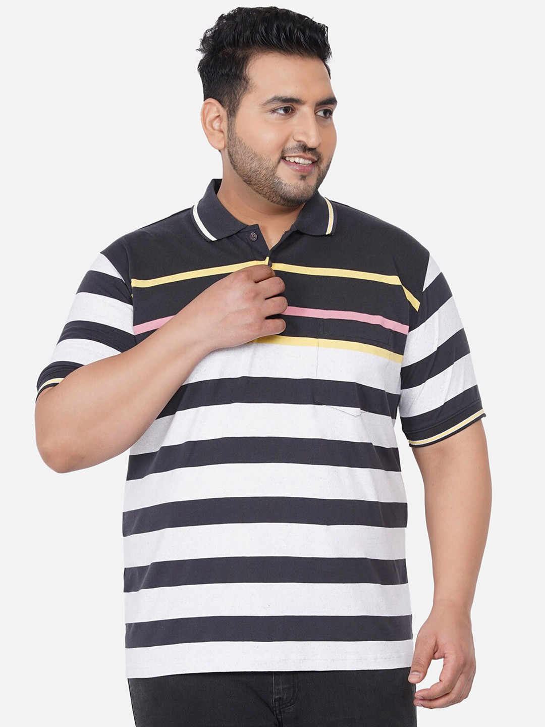 

John Pride Plus Size Men Charcoal Striped Polo Collar Cotton T-shirt