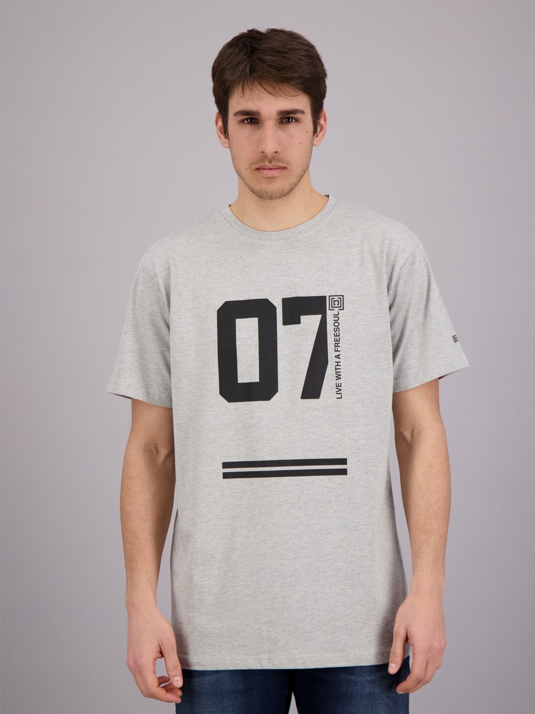 

FREESOUL Men Grey Melange & Black Typography Printed T-shirt