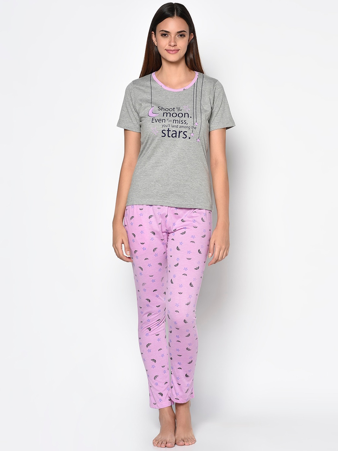 

CUSHYBEE Women Lavender & Grey Printed Night suit