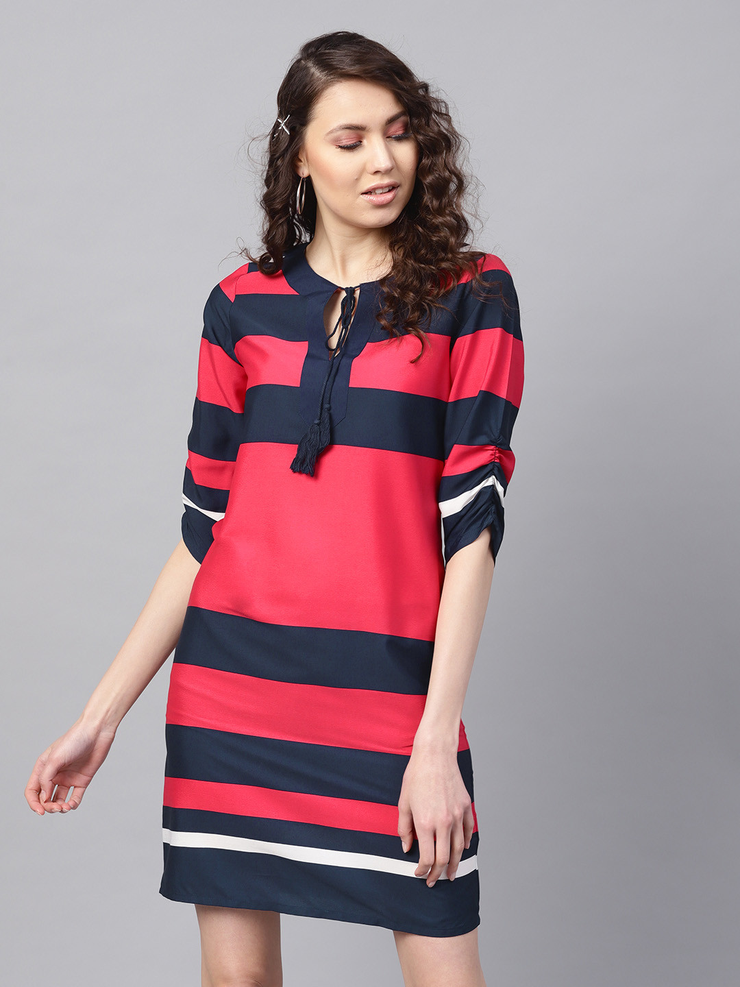 

SASSAFRAS Women Fuchsia & Navy Striped Sheath Dress