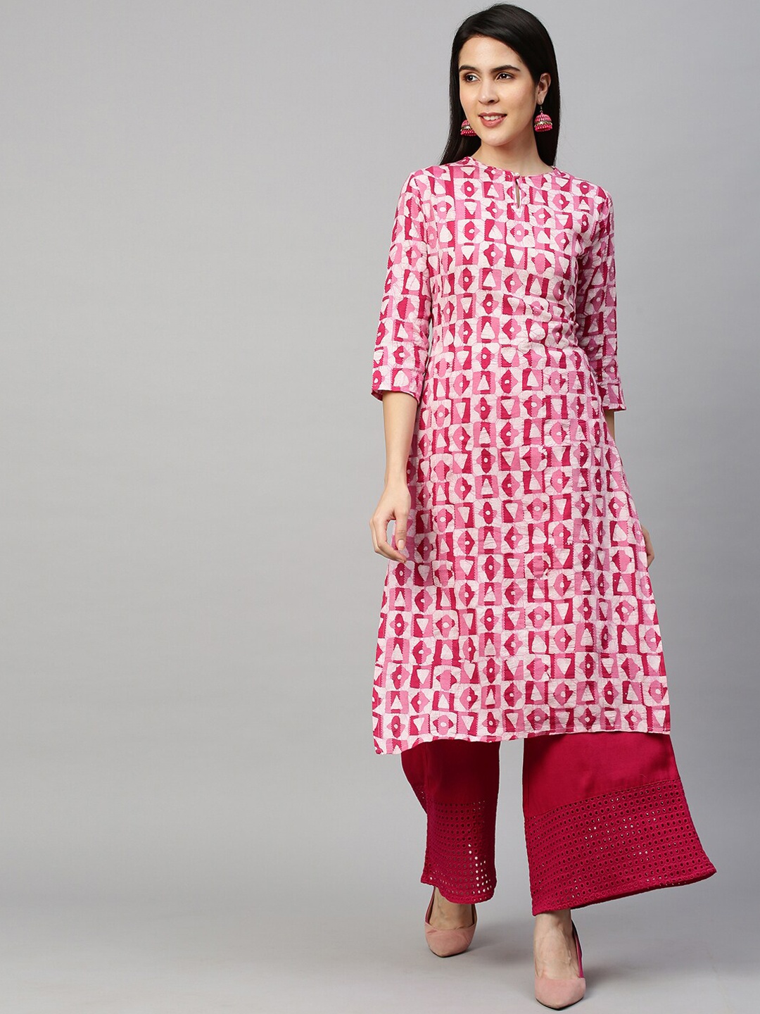 

FASHOR Women Pink Geometric Printed Keyhole Neck Kurta