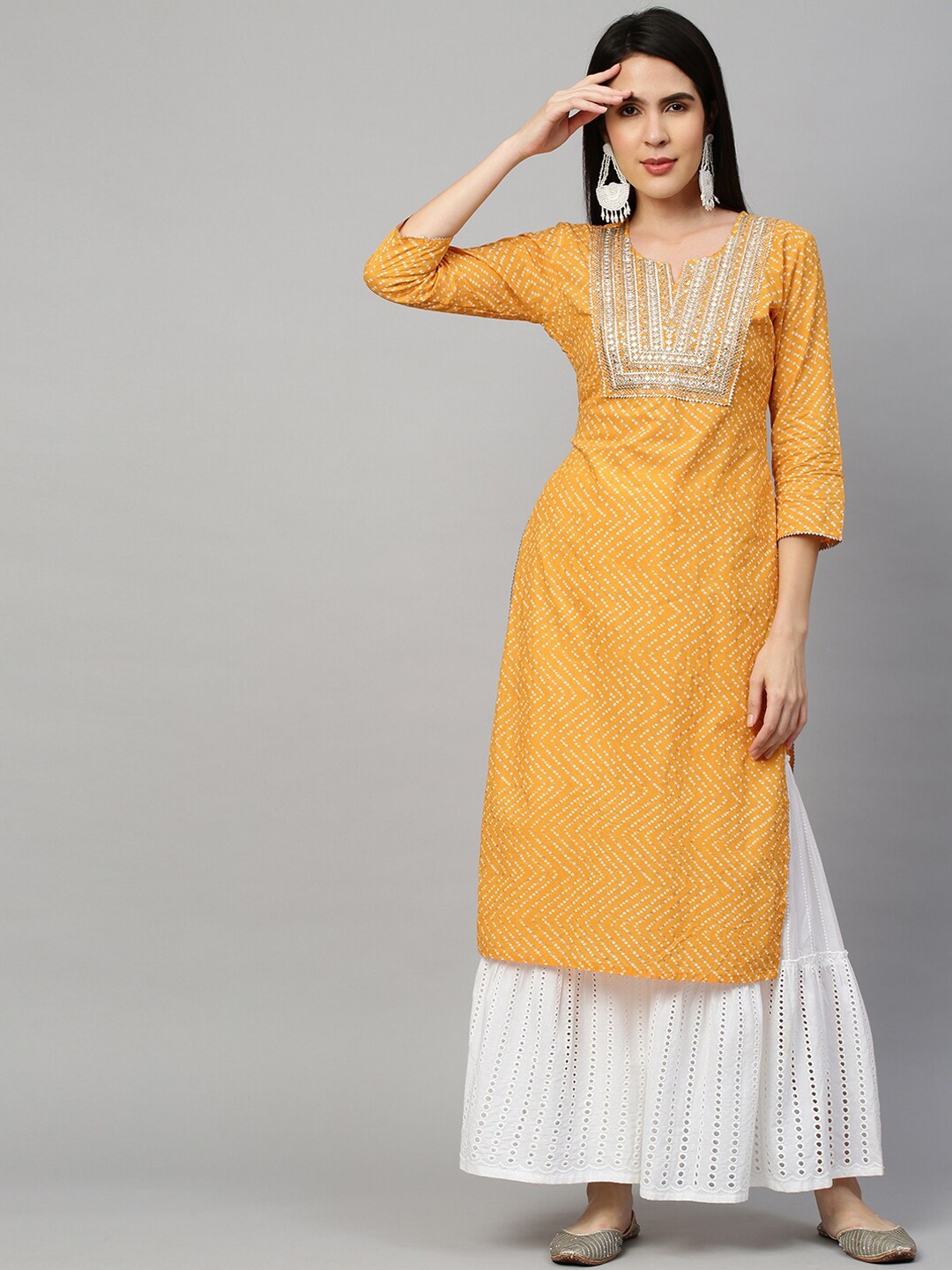 

FASHOR Women Mustard Yellow Geometric Embroidered Mirror Work Pure Cotton Straight Kurta