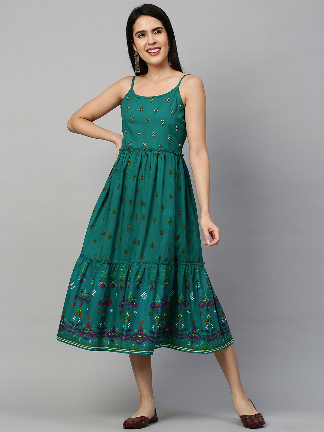 

FASHOR Green Ethnic Motifs A-Line Tiered Midi Dress