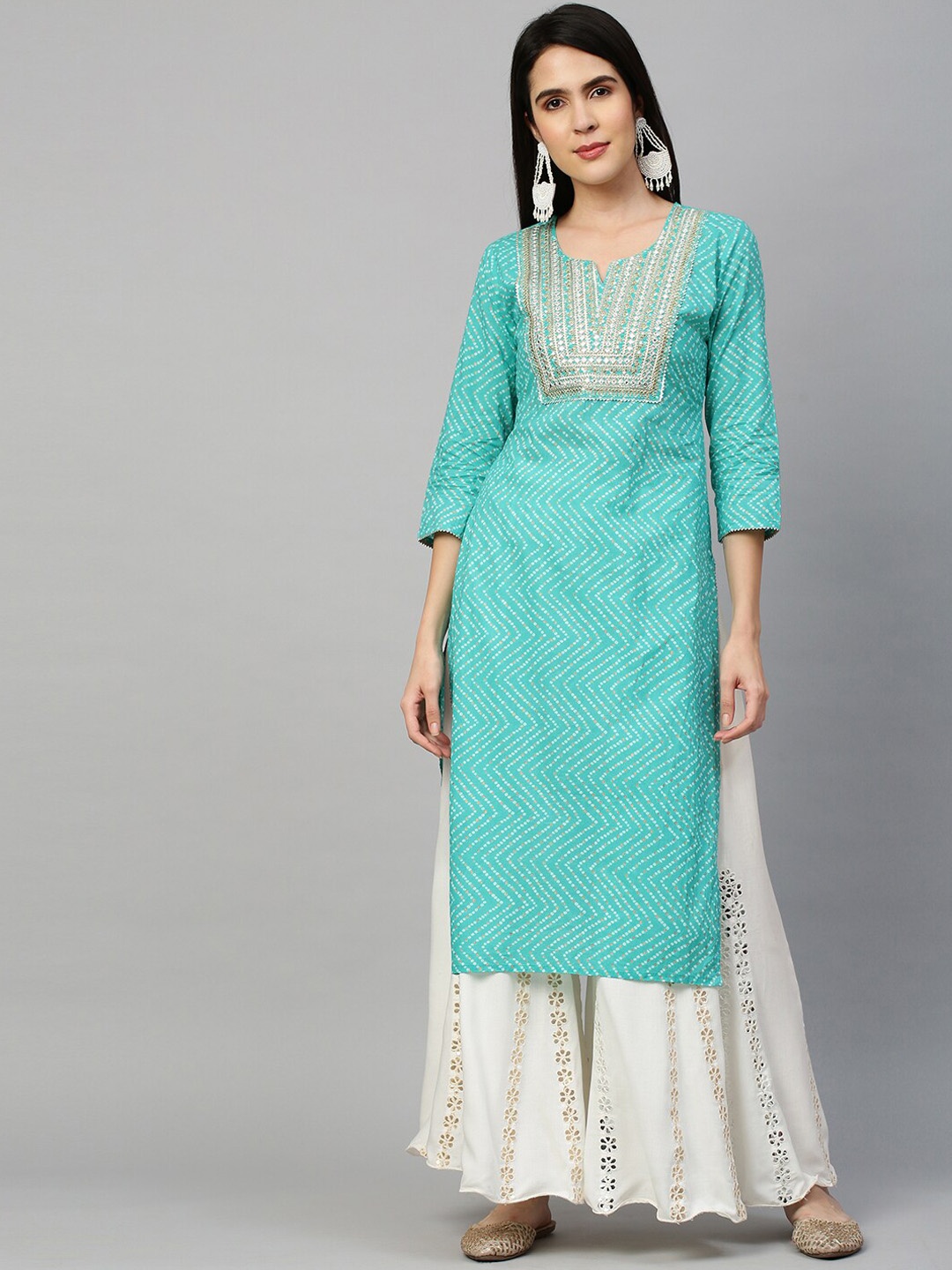 

FASHOR Women Sea Green Geometric Printed Gotta Patti Kurta