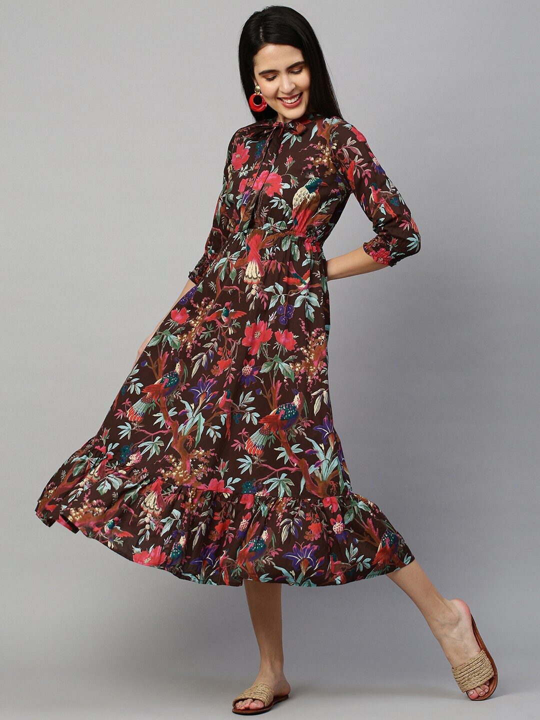 

FASHOR Brown & Green Floral Printed Tie-Up Neck Midi Dress