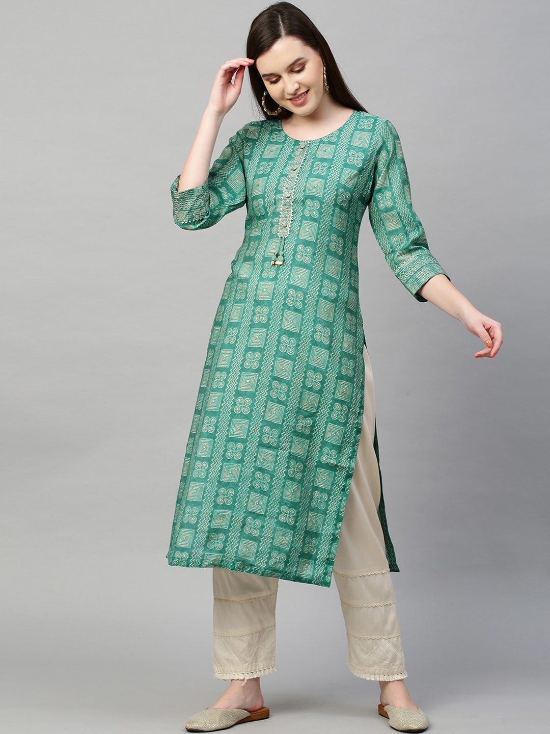 

FASHOR Women Sea Green Geometric Printed Pure Cotton Straight Kurta