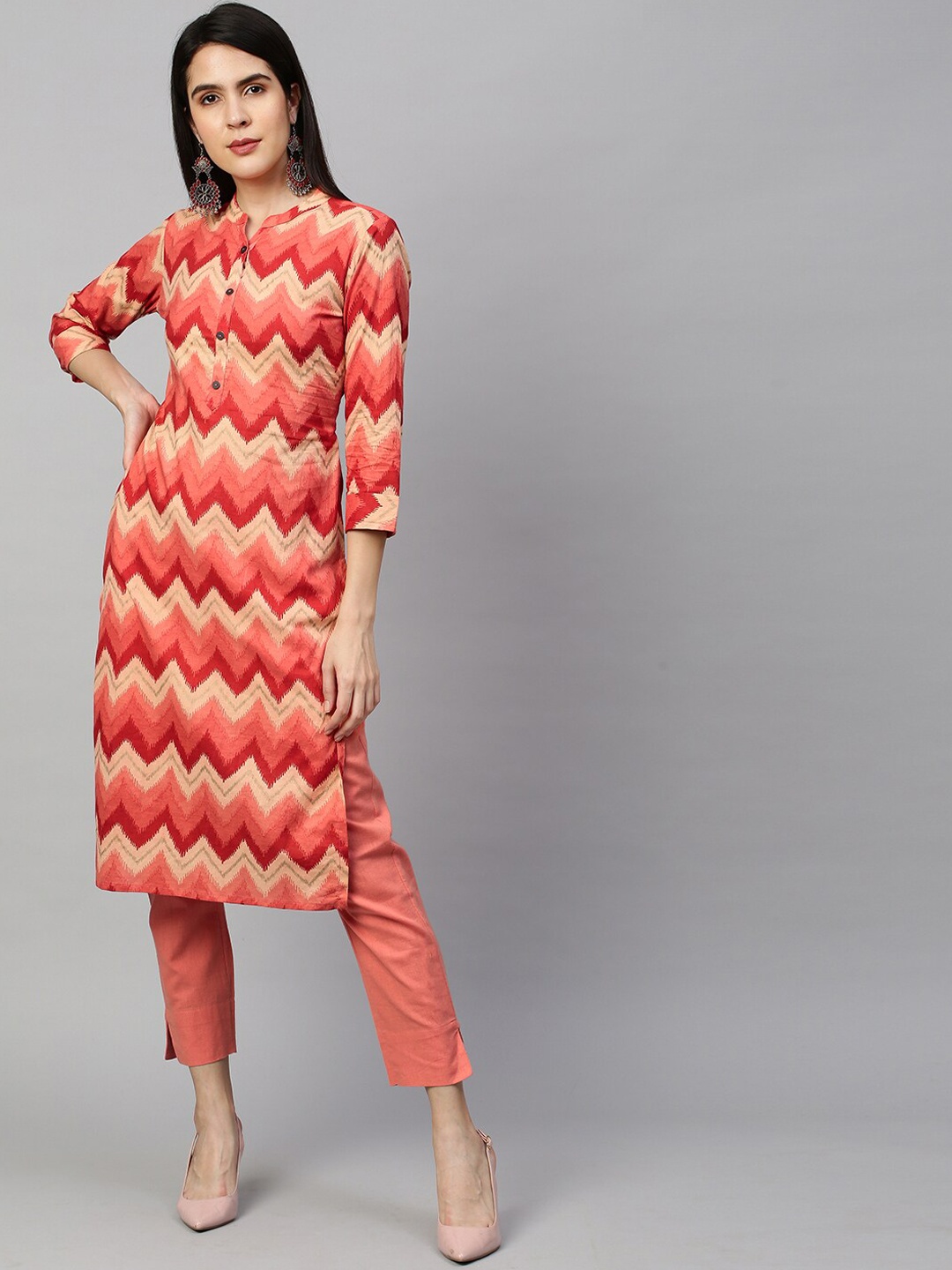 

FASHOR Women Peach-Coloured & Red Geometric Printed Pure Cotton Straight Kurta