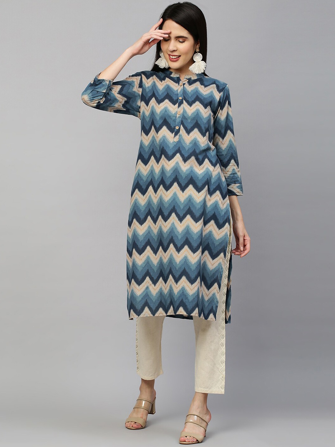 

FASHOR Women Blue Chevron Printed Cotton Kurta