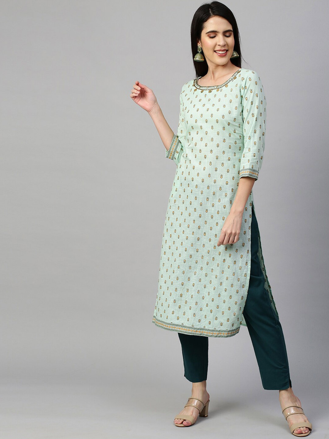 

FASHOR Women Green Floral Printed Cotton Kurta