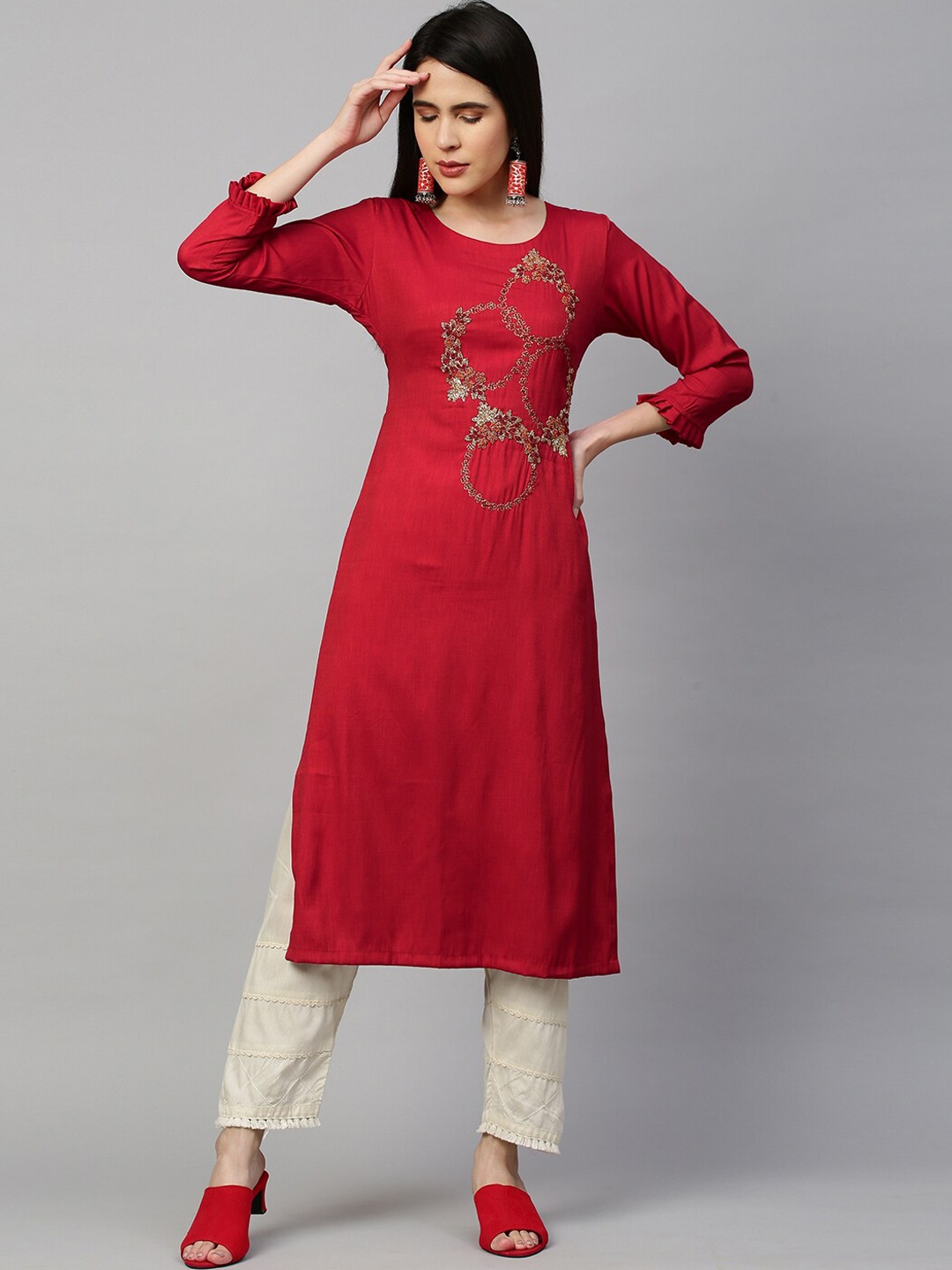 

FASHOR Women Red Embroidered Straight Kurta