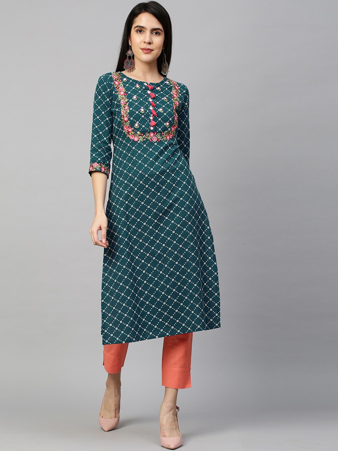 

FASHOR Women Teal Floral Embroidered & Printed Kurta