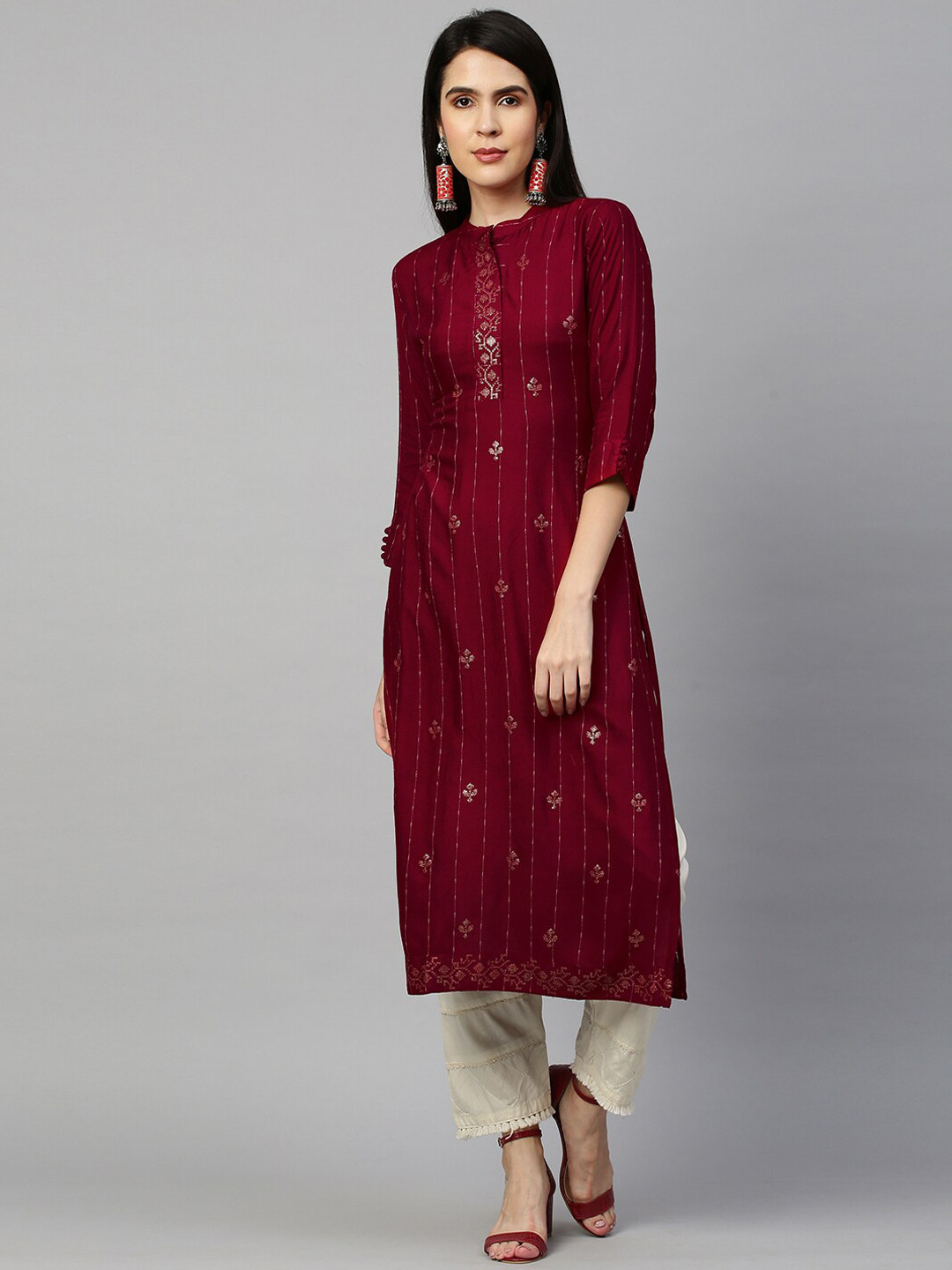 

FASHOR Women Maroon Geometric Embellished Kurta