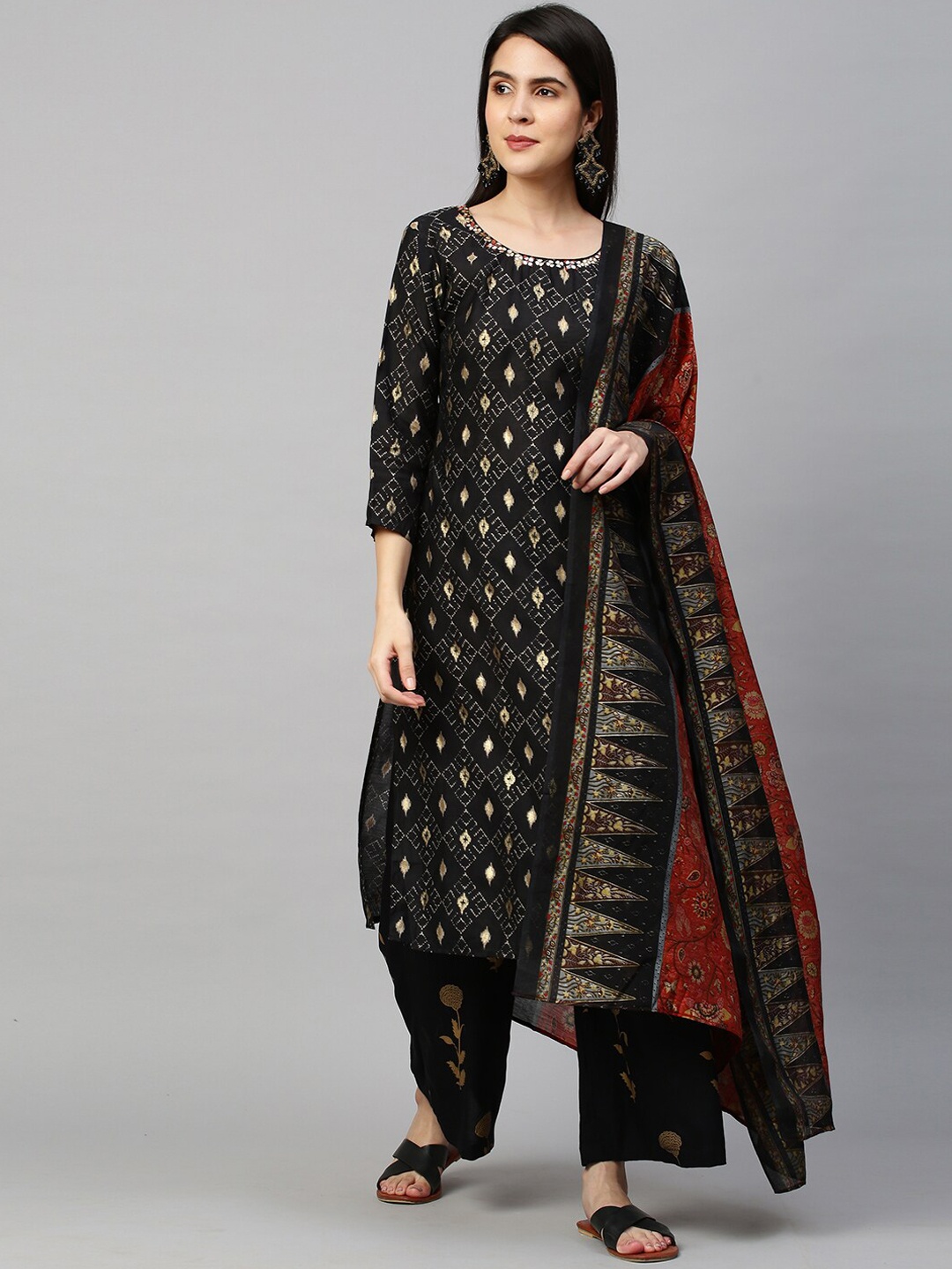 

FASHOR Women Black & Red Ethnic Motifs Printed Kurta