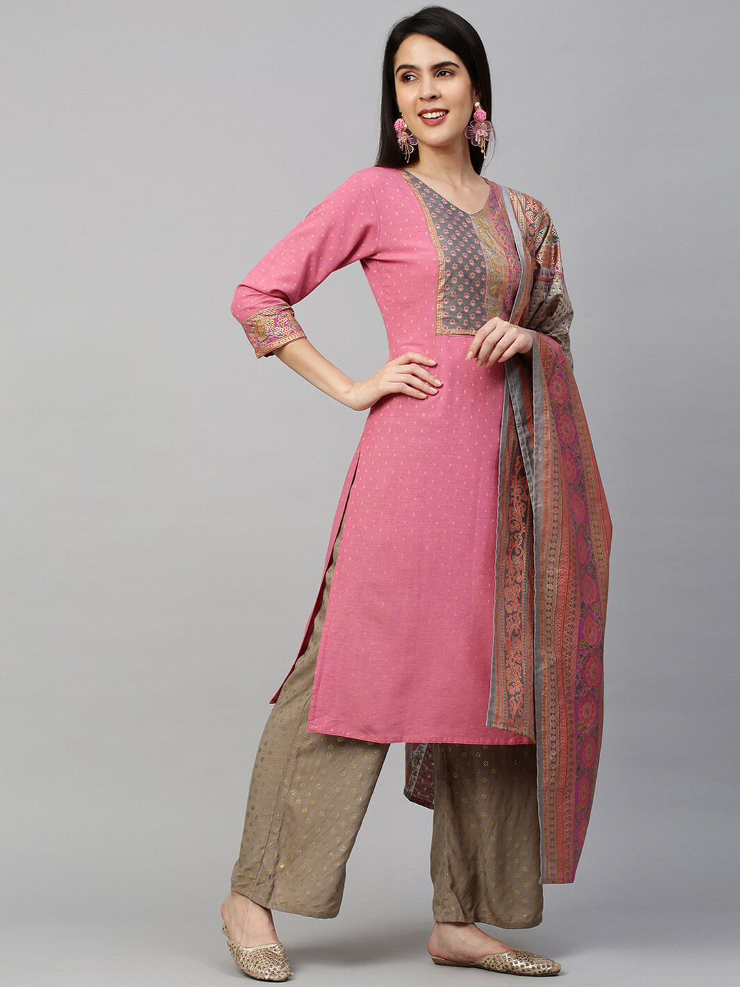 

FASHOR Women Pink Floral Printed Cotton Kurta With Dupatta