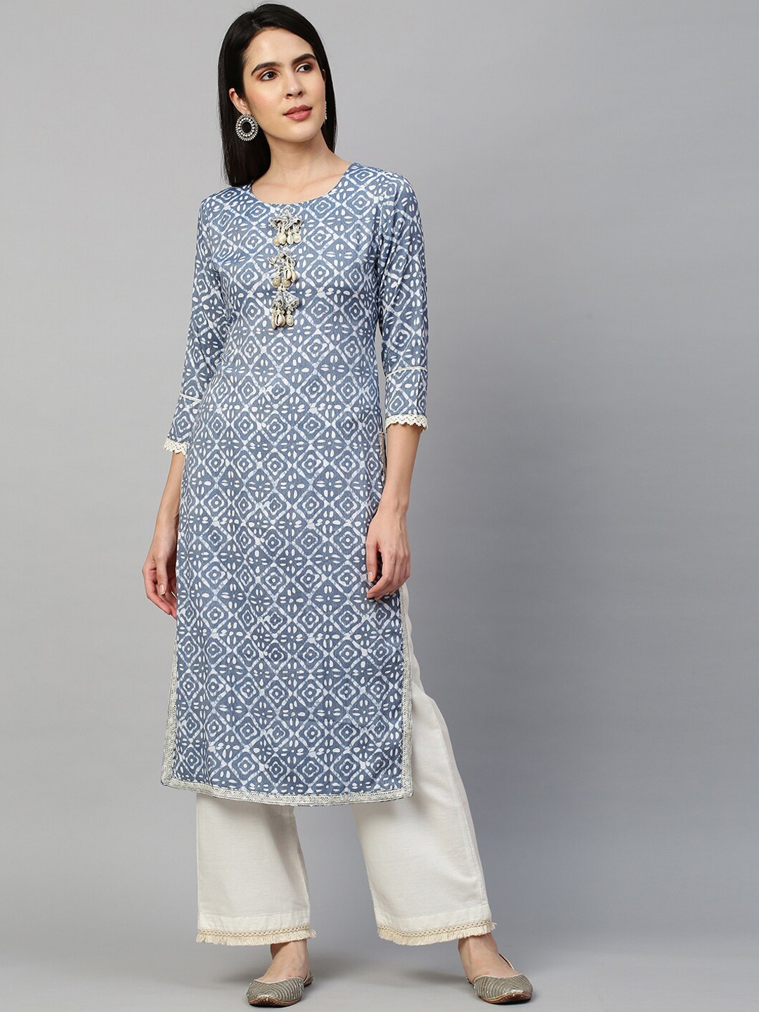 

FASHOR Women Grey & White Geometric & Embroidered Printed Kurta