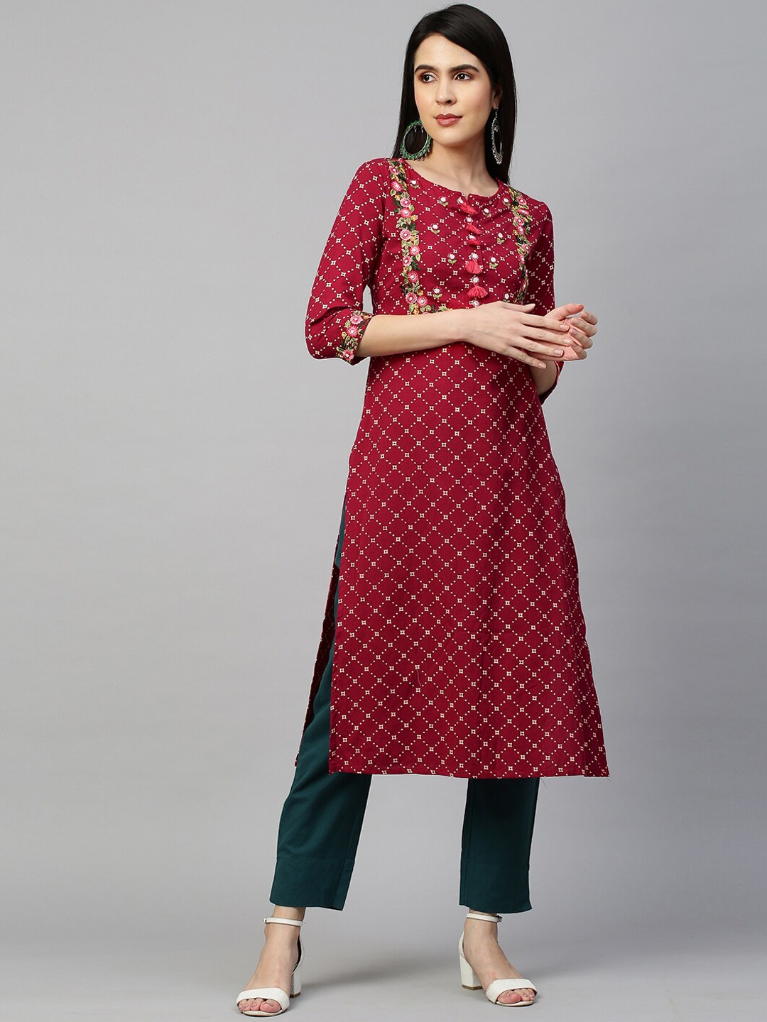 

FASHOR Women Red Geometric Printed Kurta