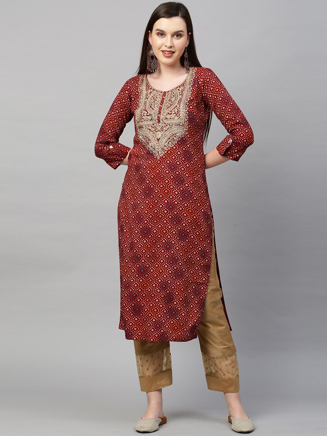

FASHOR Women Red Printed with Thread Work Detail Kurta