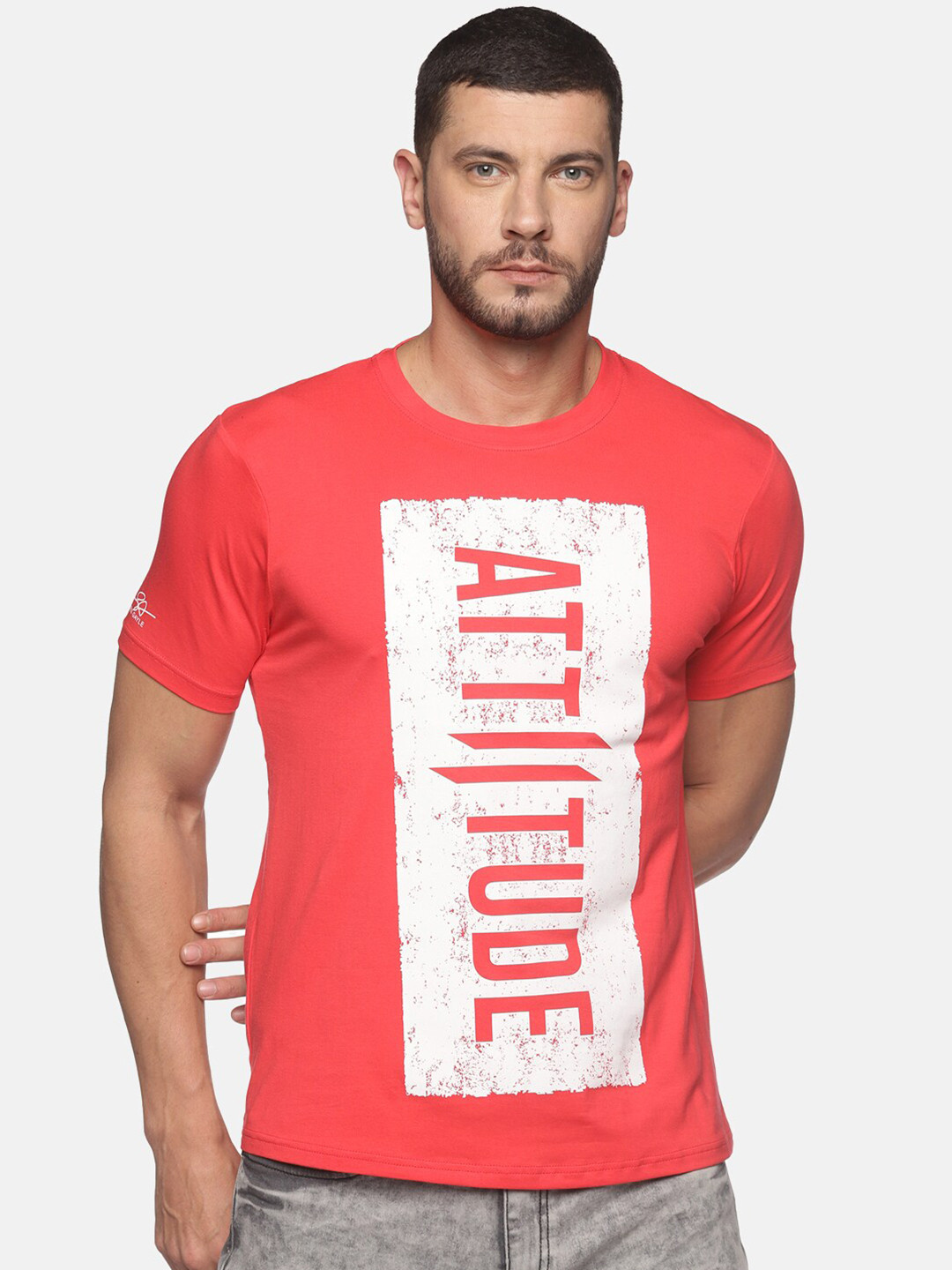 

ATTIITUDE Men Coral Orange & White Brand Logo Printed ClimaCool Slim Fit T-shirt